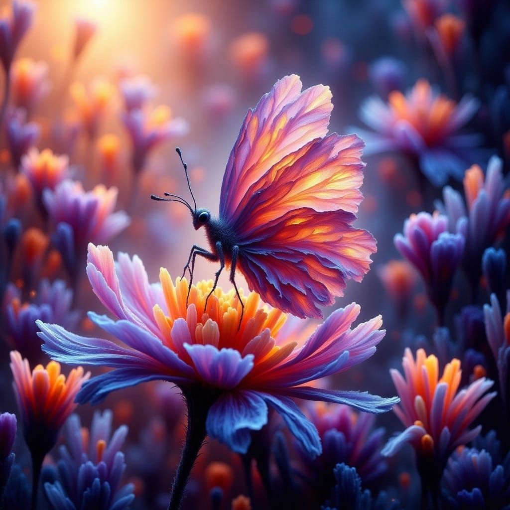 Iridescent Butterfly on Flower in Dreamy Ethereal Style