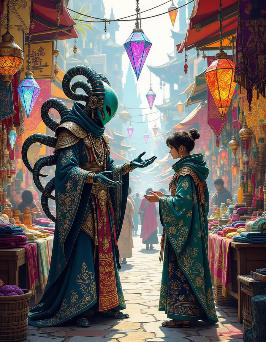 Alien Merchant in Exotic Market, Fantasy Illustration