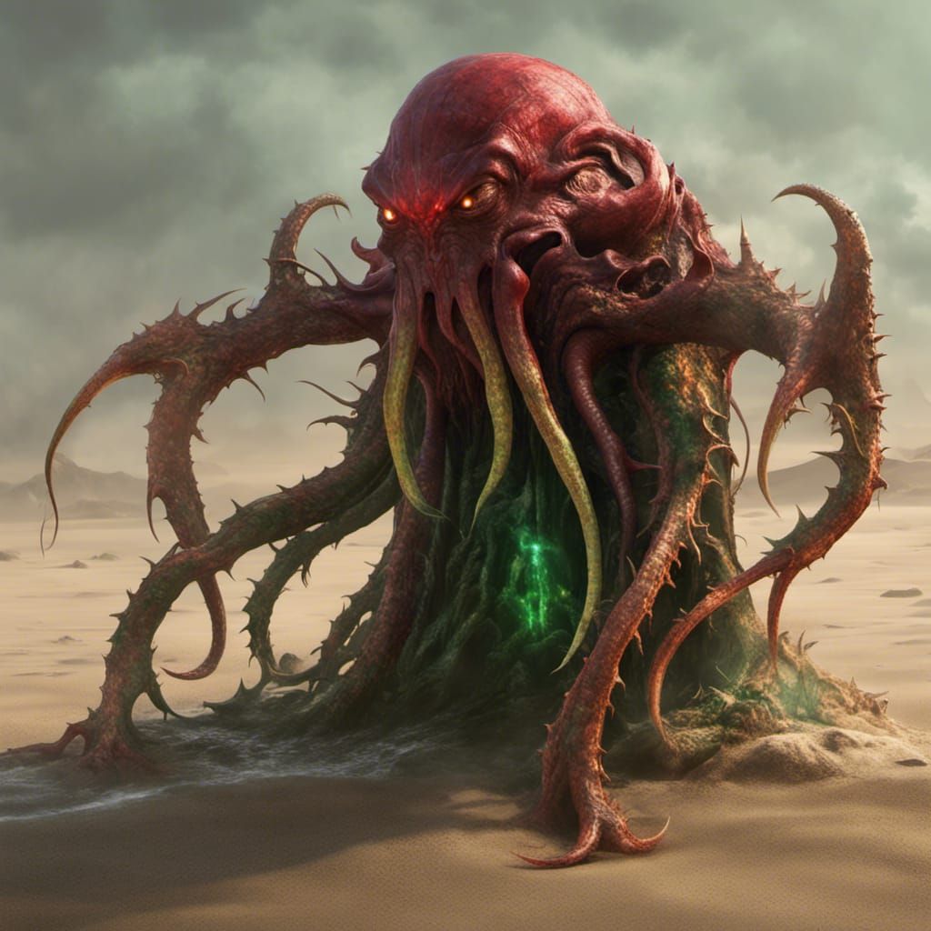 Red Mind Flayer Emerges from Sand, Dark Fantasy Art