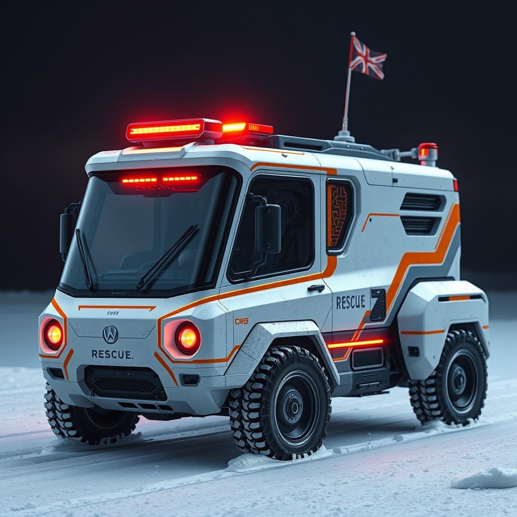 Futuristic Snow Rescue Vehicle in White and Grey with Orange...