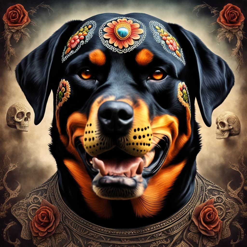 Rottweiler Dog in Day of the Dead Style