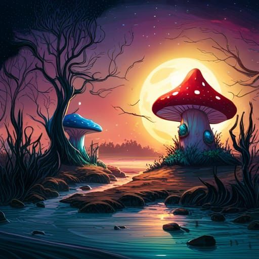 Fairycore Gothic Toadstool House Under Starry Sky