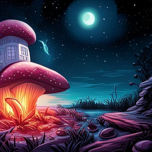 Gothic Fairycore Toadstool House Under Starry Sky