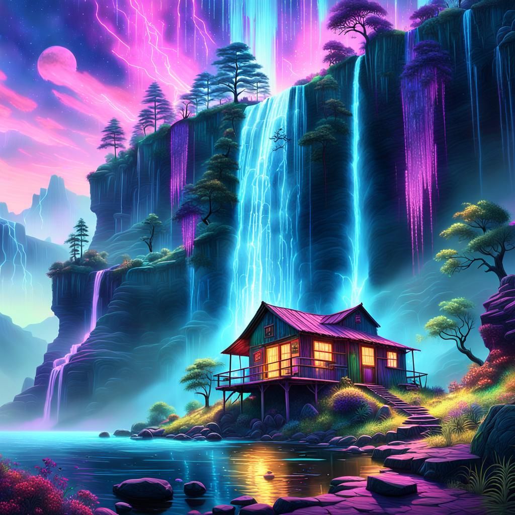 Cliffside Shack with Waterfall in Astral Folk Art