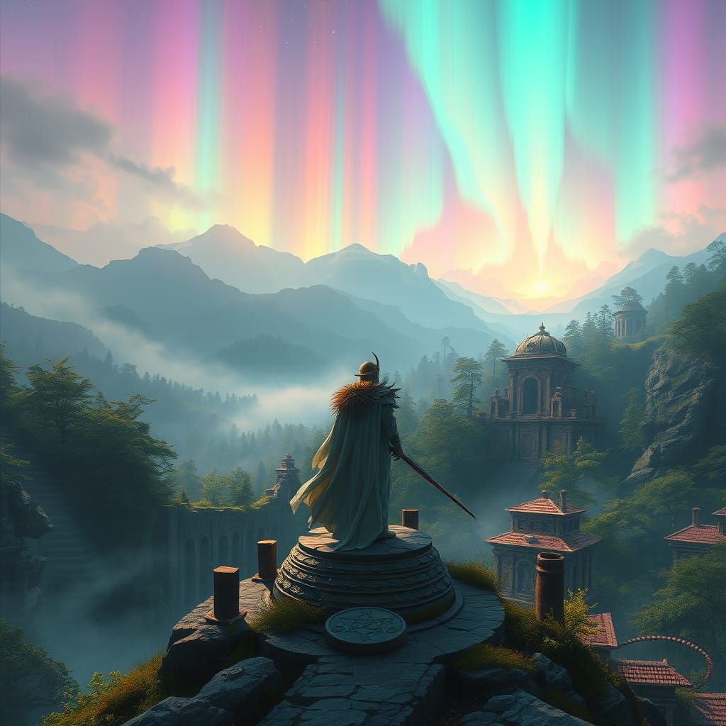 Celestial Warrior in Lush Fantasy Realm