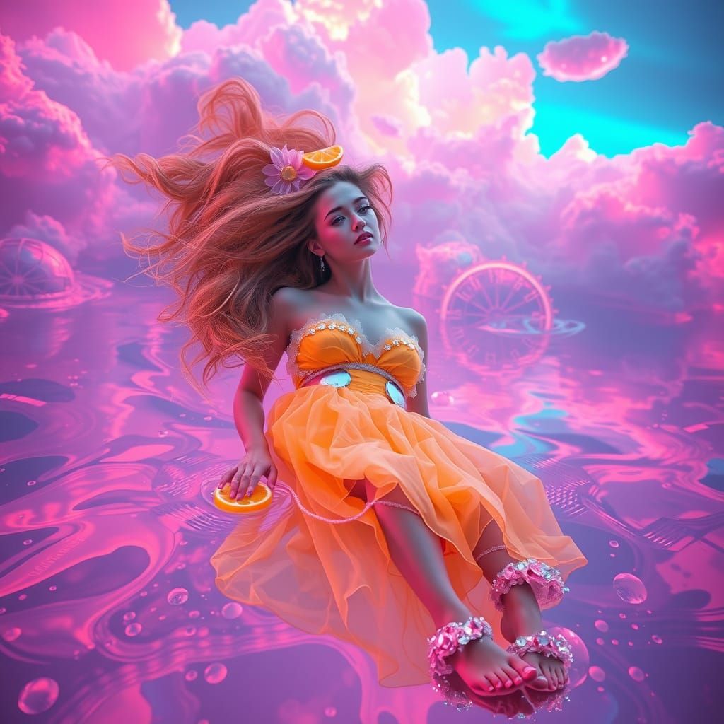 Woman Floats in Neon Soda Sea: Dreamlike Digital Art