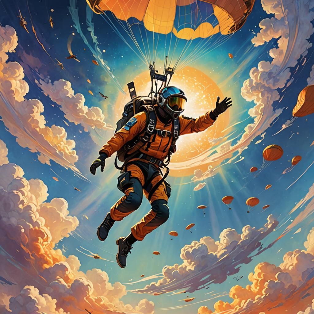 Banjo Player Skydiving Through Iridescent Clouds