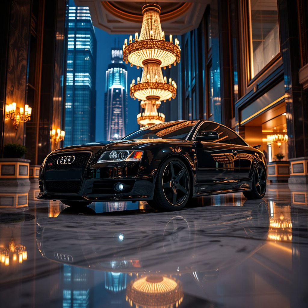 Sleek Audi RS5 in Grand Hotel Lobby at Night