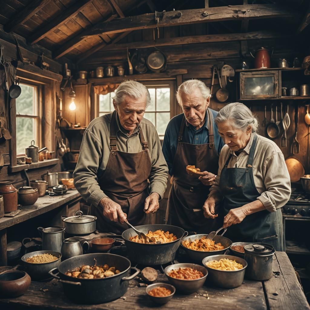 Elderly Couple Cooking in Rustic Cabin: Cinematic Film Still