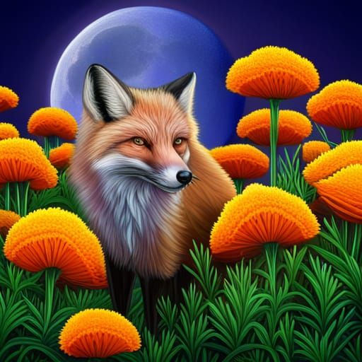 Golden Fox in Marigold Meadow Under Moonlight