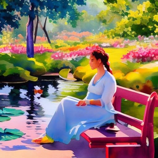Woman by Lotus Pond: Impressionist Gouache Painting