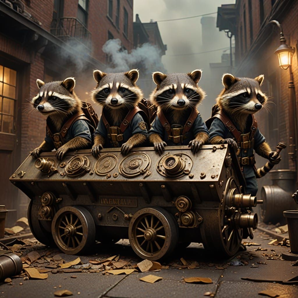 Steampunk Raccoons Overturn Dumpster in Dim Alley