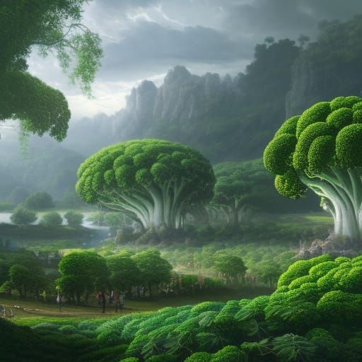 Surreal Broccoli and Cauliflower Landscape in Matte Painting...