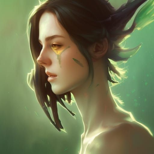Green Wolf Girl Portrait in Hyperdetailed Style