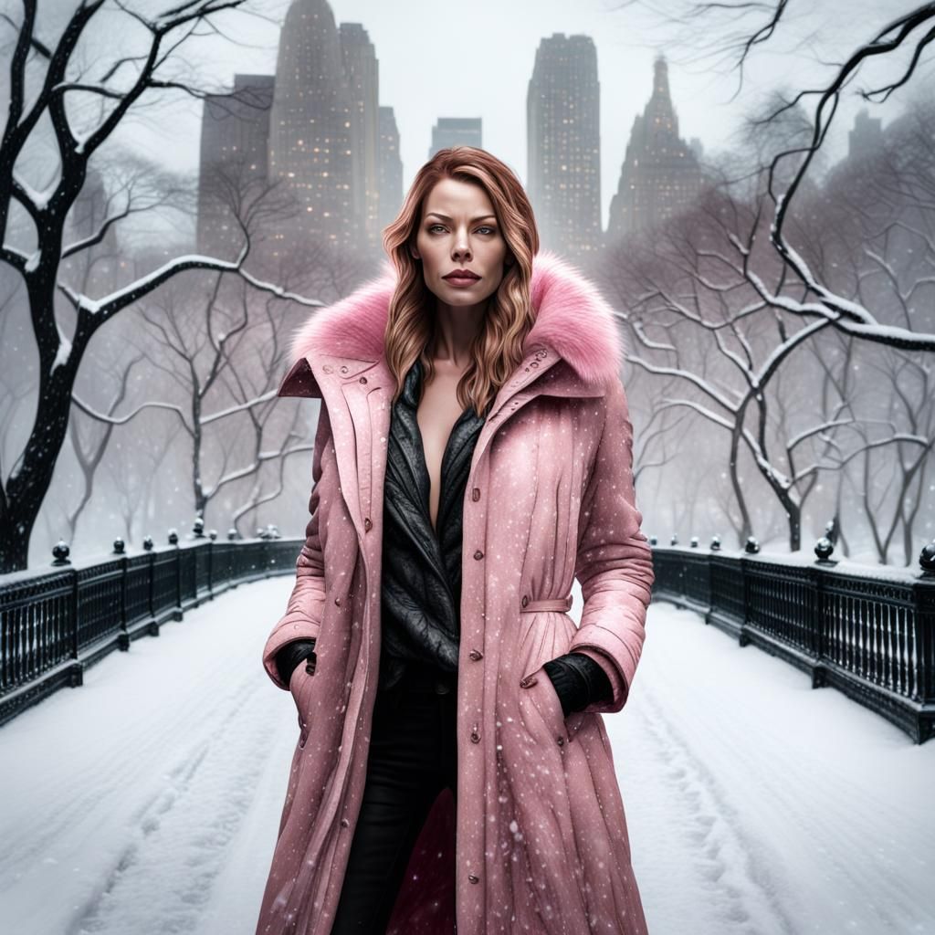 Woman in Pink Fur Parka in Snowy Central Park