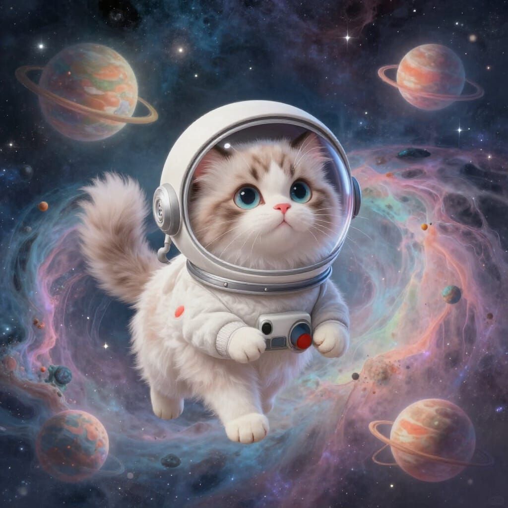 Fluffy Cat Astronaut in Pastel Nebula