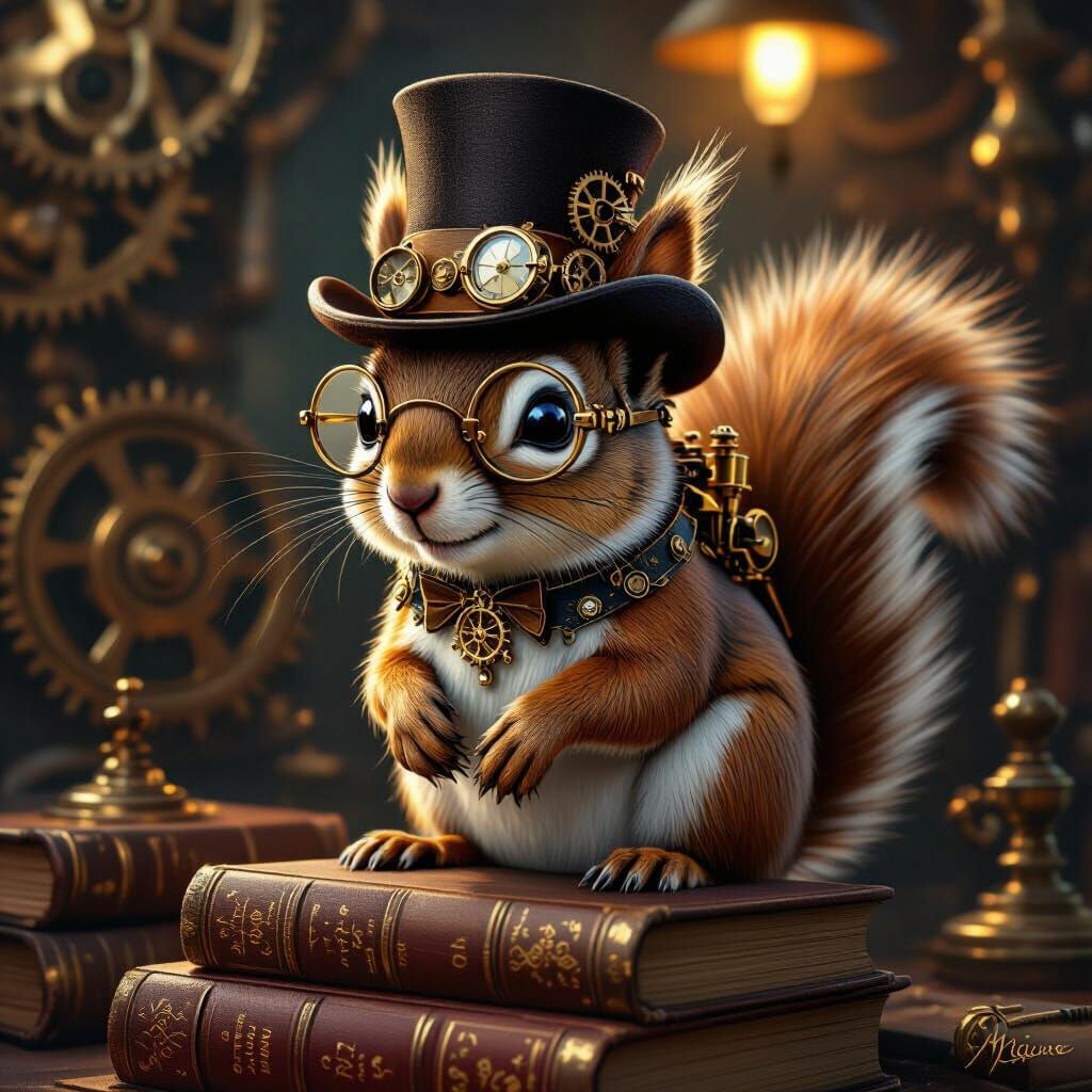 Steampunk Squirrel with Hat and Glasses on Books