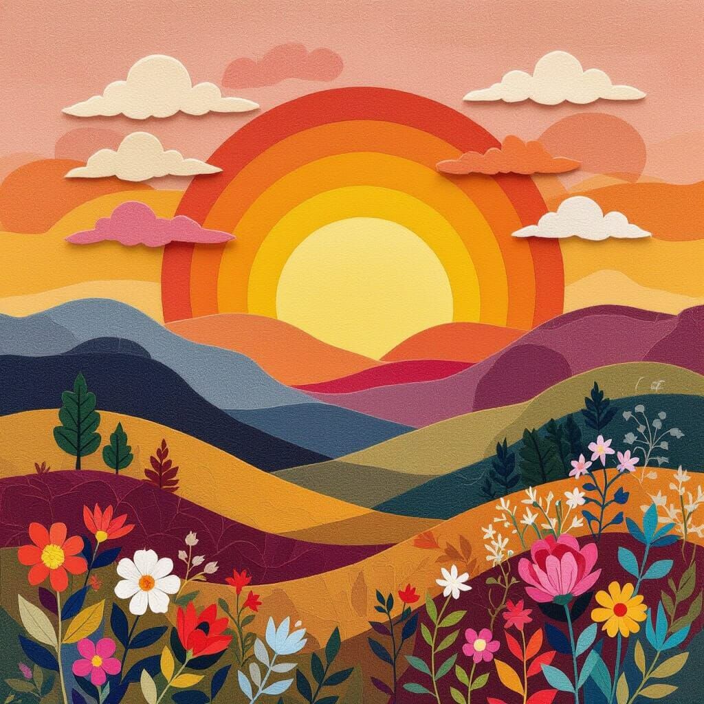Vibrant Sunset Landscape in Layered Felt Style