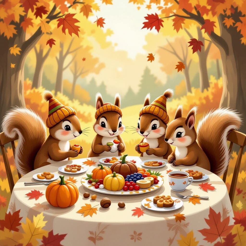 Squirrel Family's Whimsical Thanksgiving Feast in Storybook ...