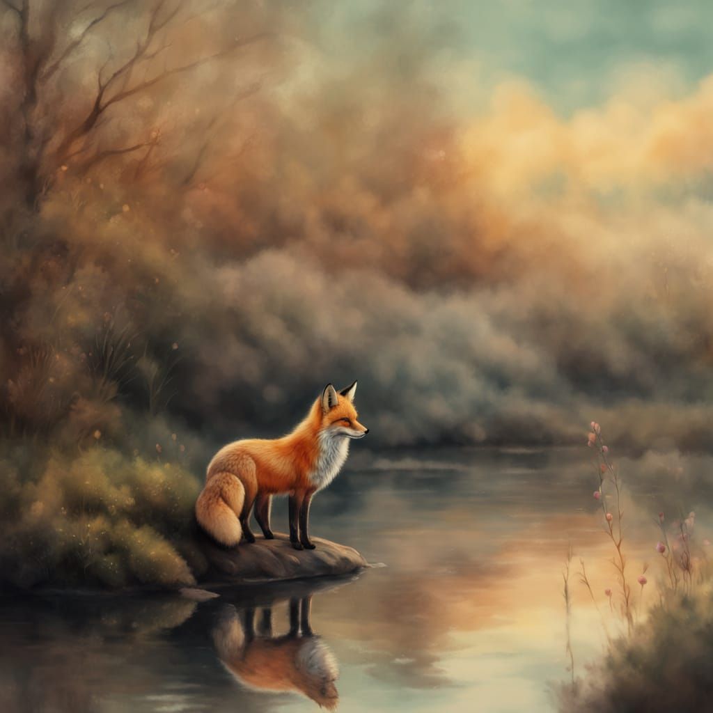 Dreamy Watercolor Fox by River in Pastel Hues
