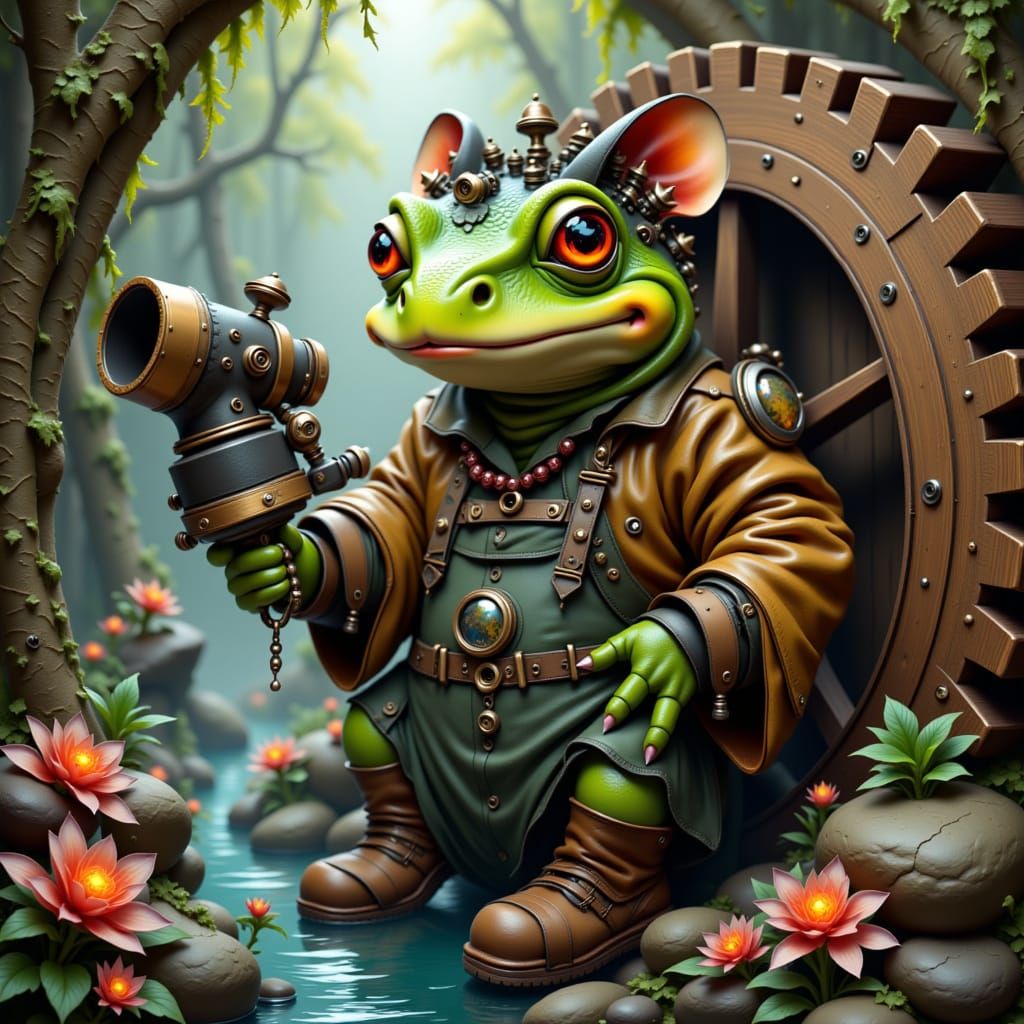 Frog-Goblin Artificer Repairs Waterwheel in Steampunk Fantas...