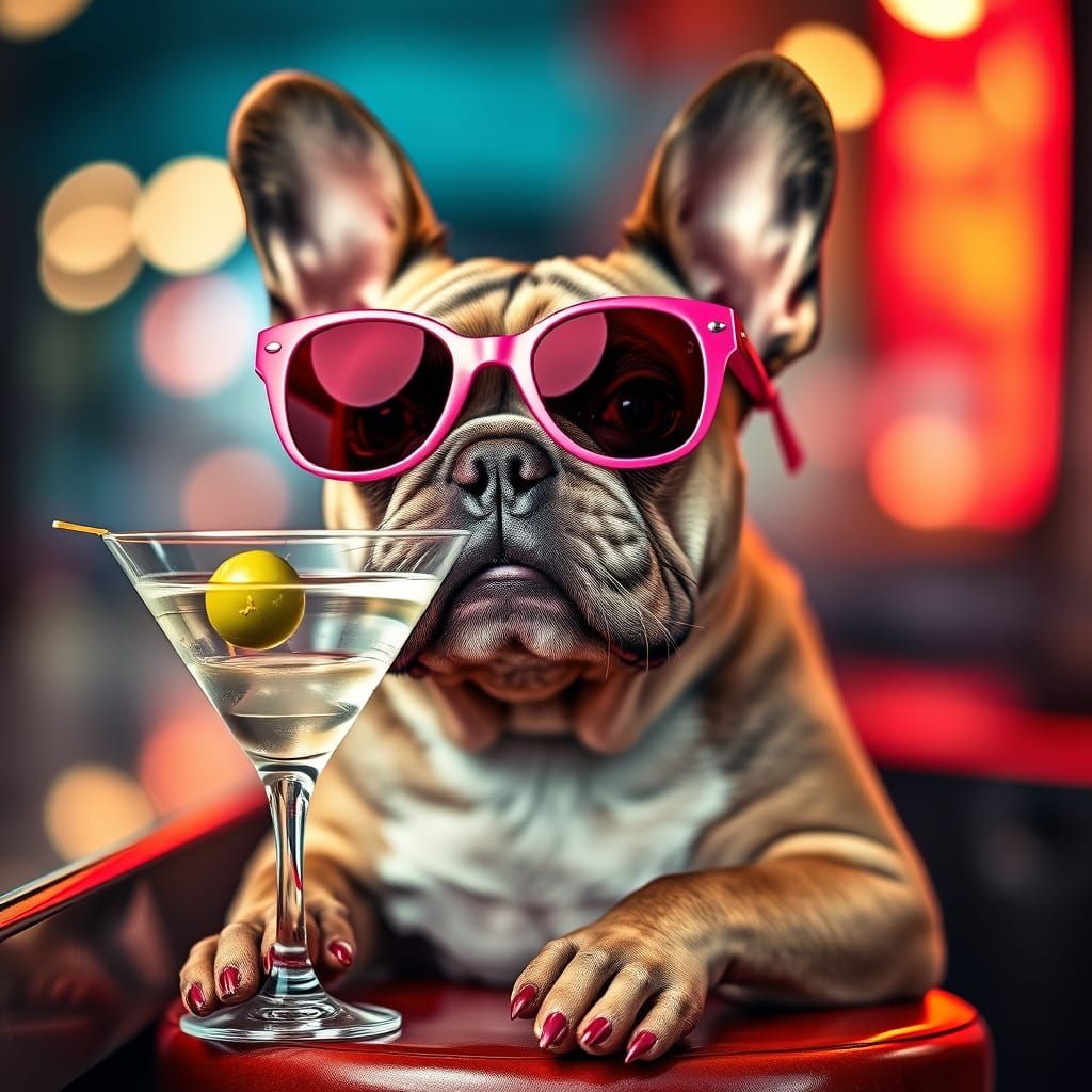 Confident French Bulldog Sips Martini in High-End Studio Por...