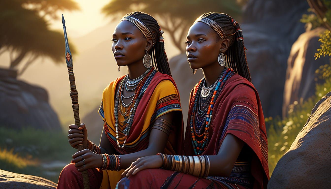 Hyperrealistic Maasai Huntress in Vibrant Savannah Landscape