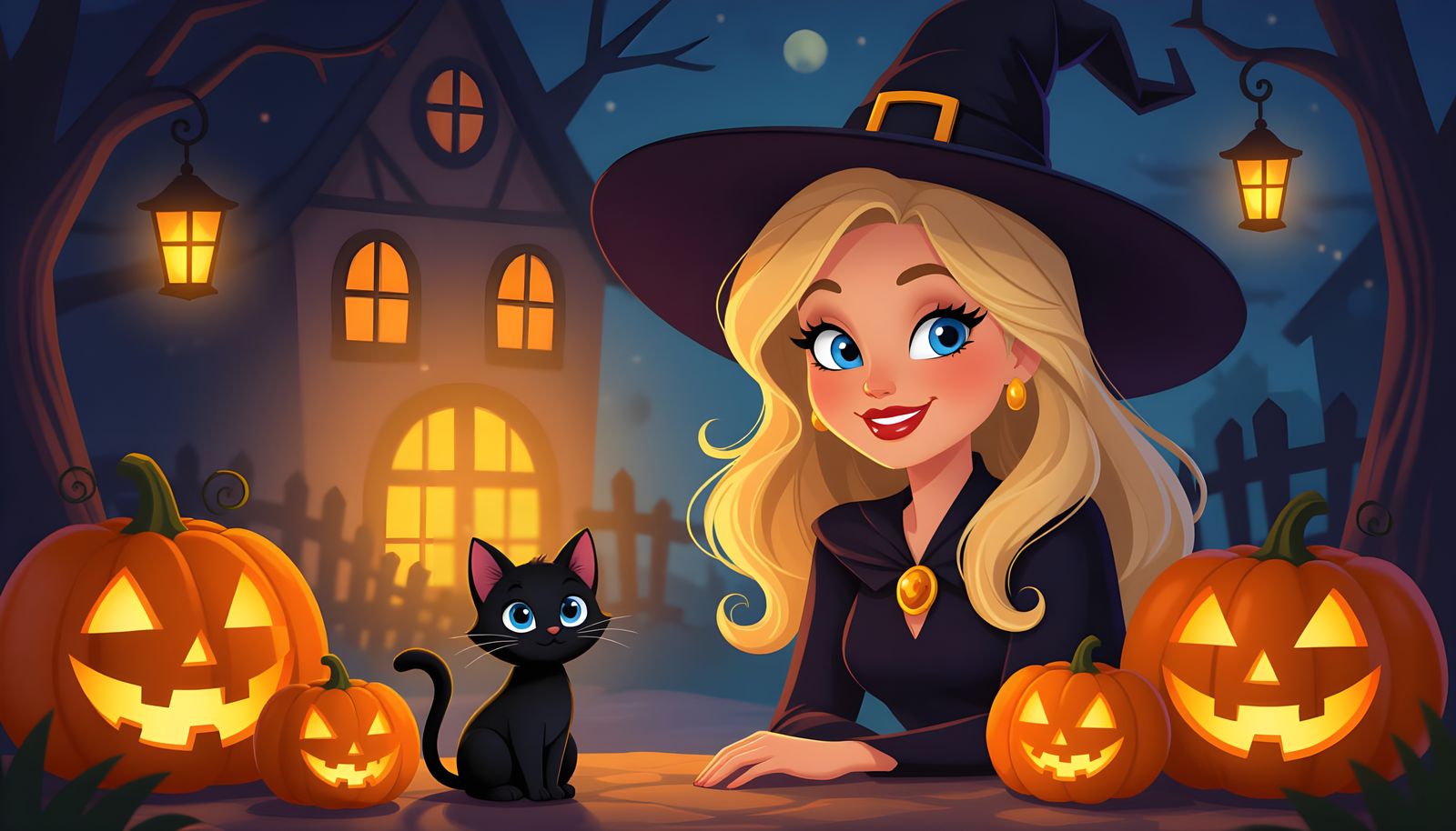 Smiling Witch with Cat and Pumpkins on Halloween