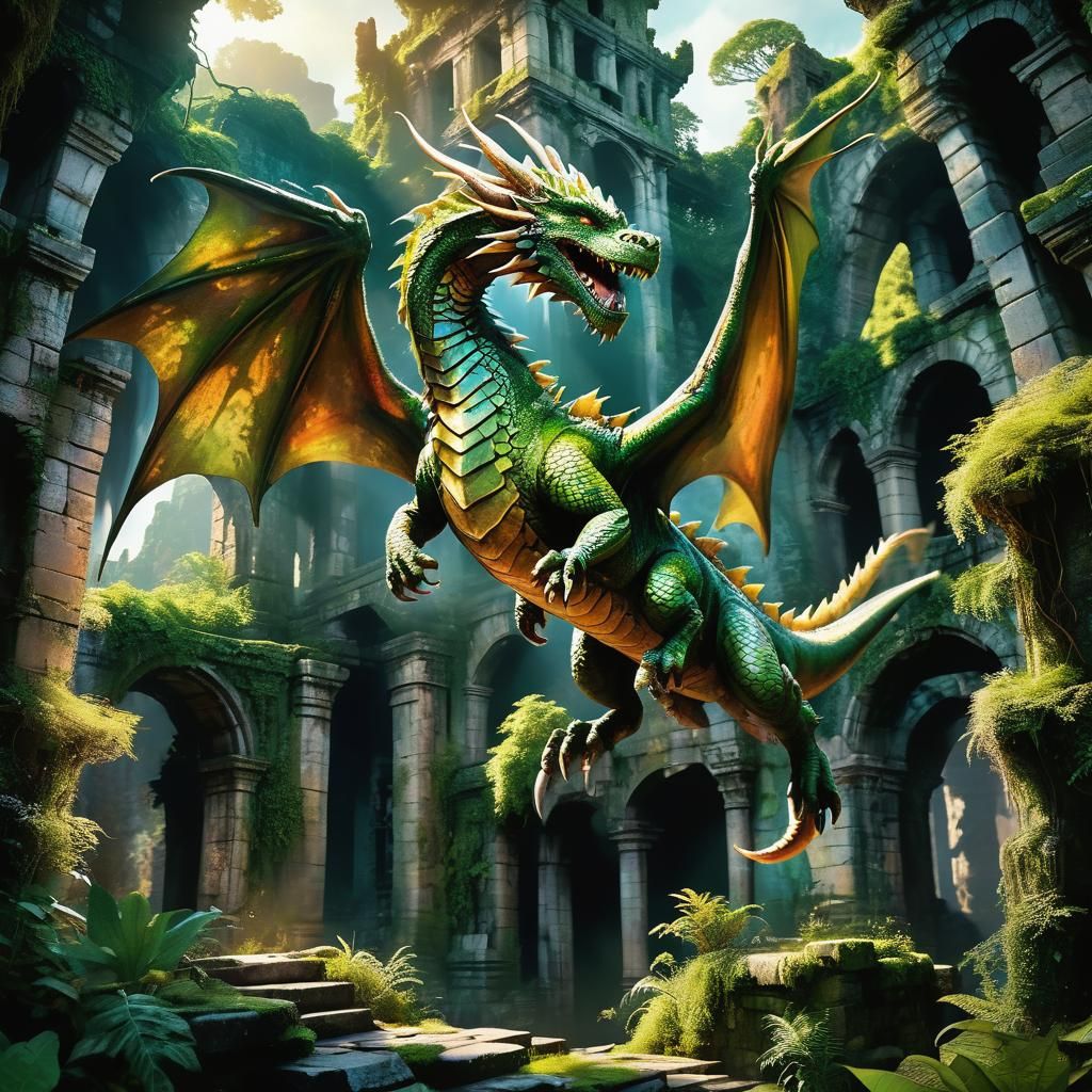 Majestic Dragon Soars Through Ancient Ruins: Digital Art