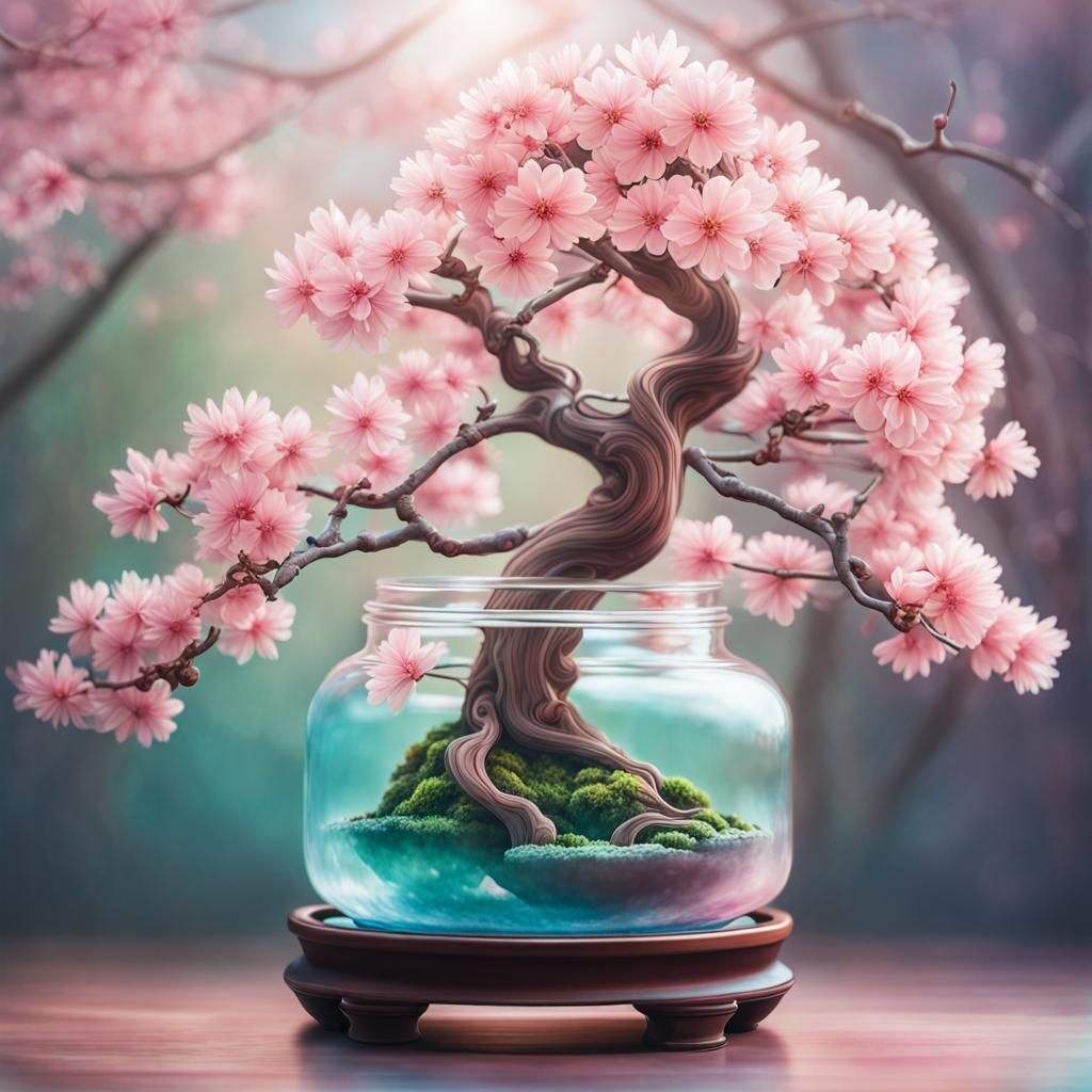 Enchanted Bonsai Sakura in Jar: Airbrush Art