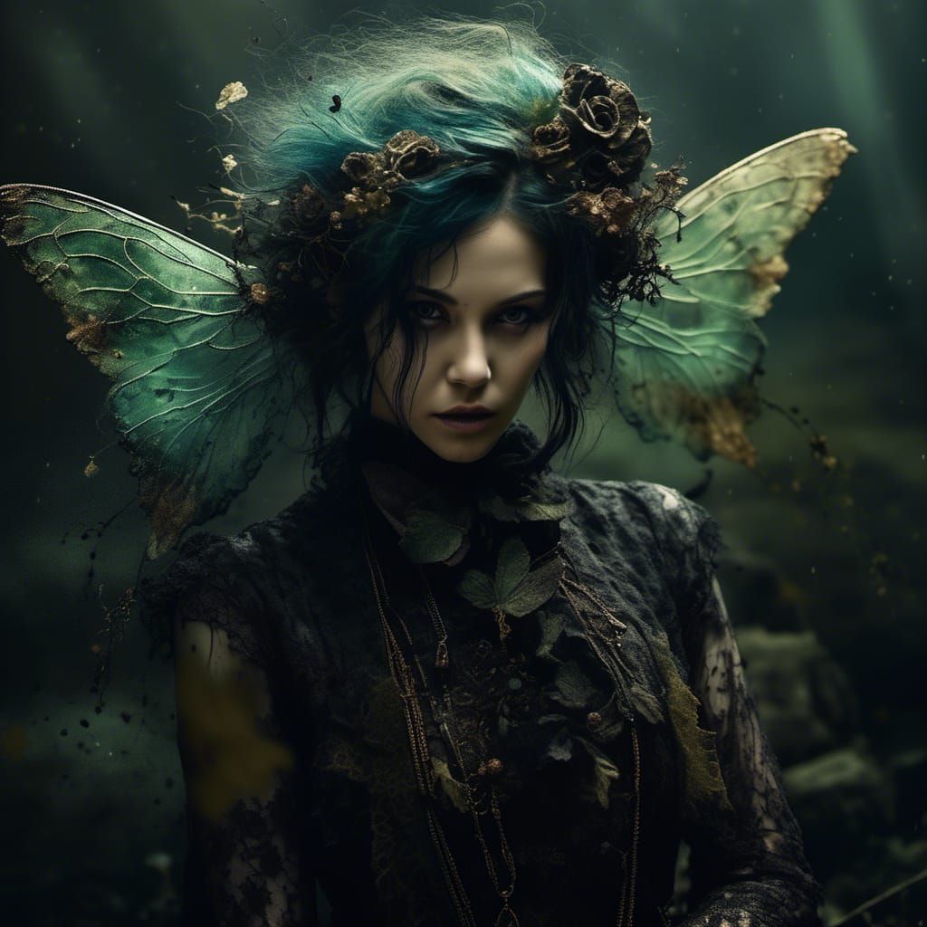 Steampunk Fairy in Dark Fantasy Landscape