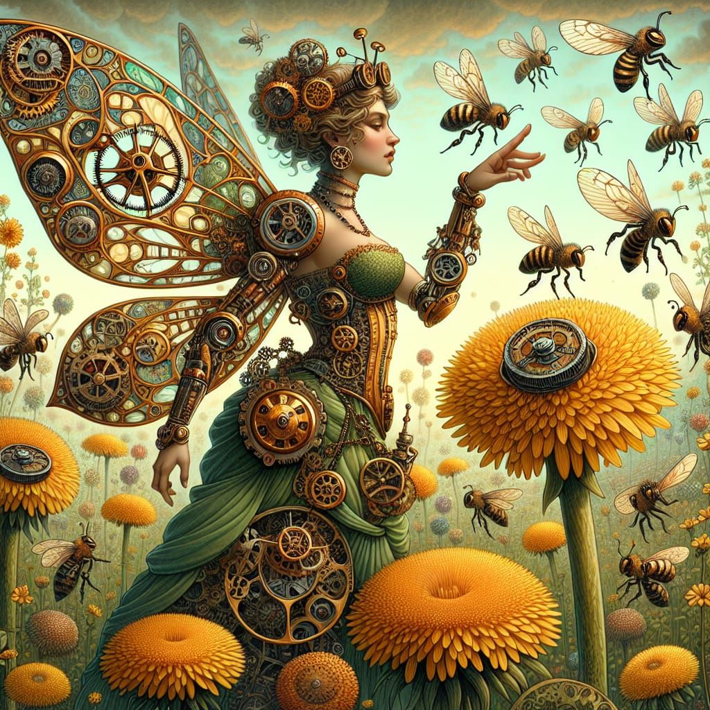 Steampunk Fairy Controls Mechanical Bees in Art Nouveau Styl...