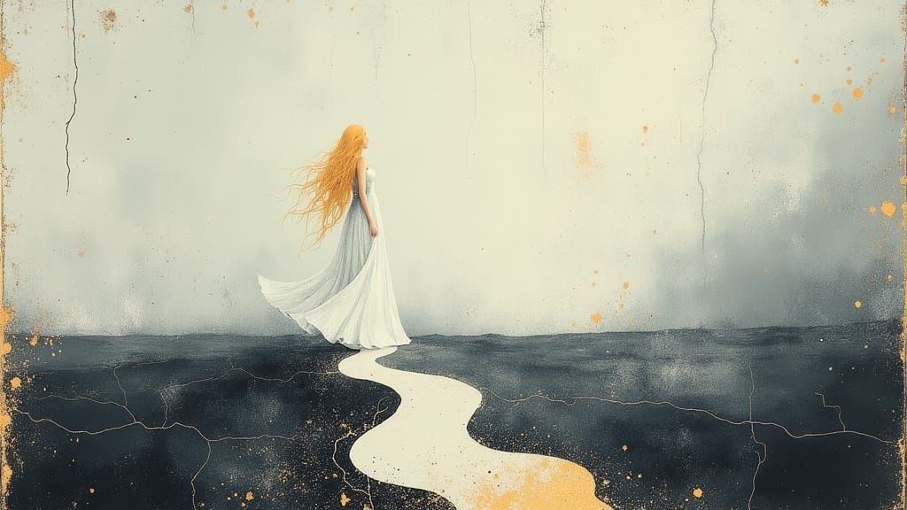 Surreal Ash Landscape with Woman in White Dress