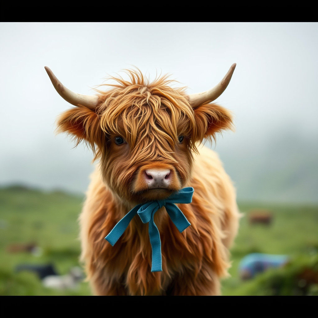 Highland Cow with Blue Bow in Misty Landscape