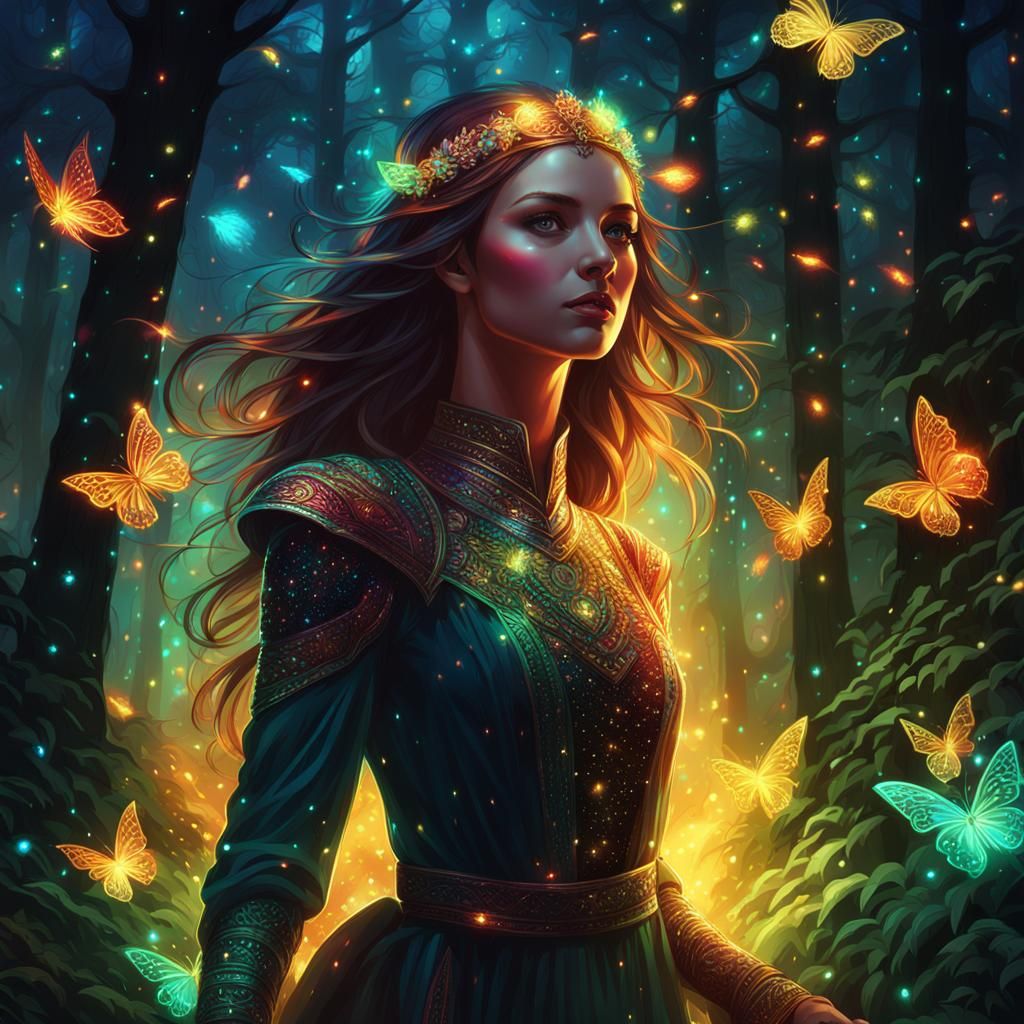 Iridescent Woman Dancing in Glowy Forest