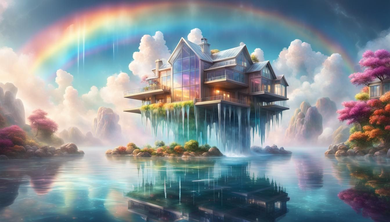 Crystalline House Floating in Dreamy Cloudscape