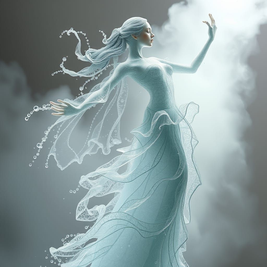 Surreal Water Goddess in Luminous, Lace-Like Gown