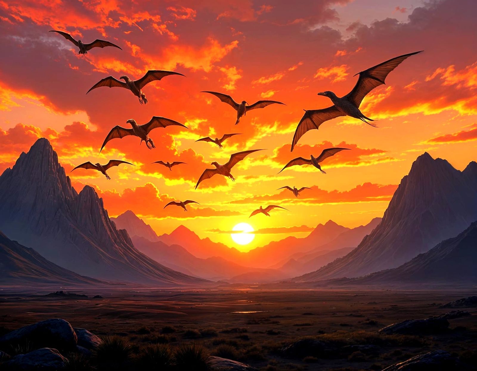 Dramatic Sunset Over Jurassic Prehistoric Landscape