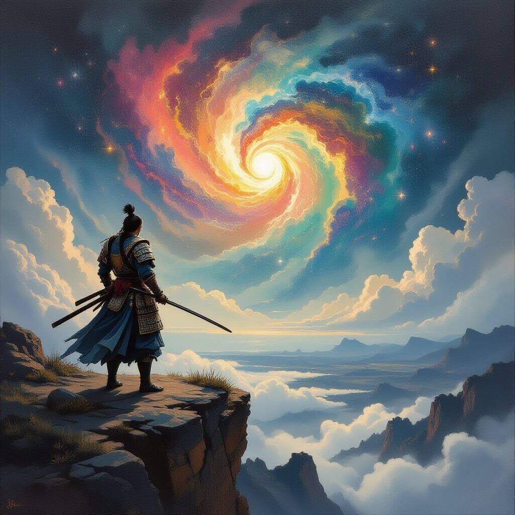 Samurai Warrior on Cliff Overlooking Battlefield Under Cosmi...