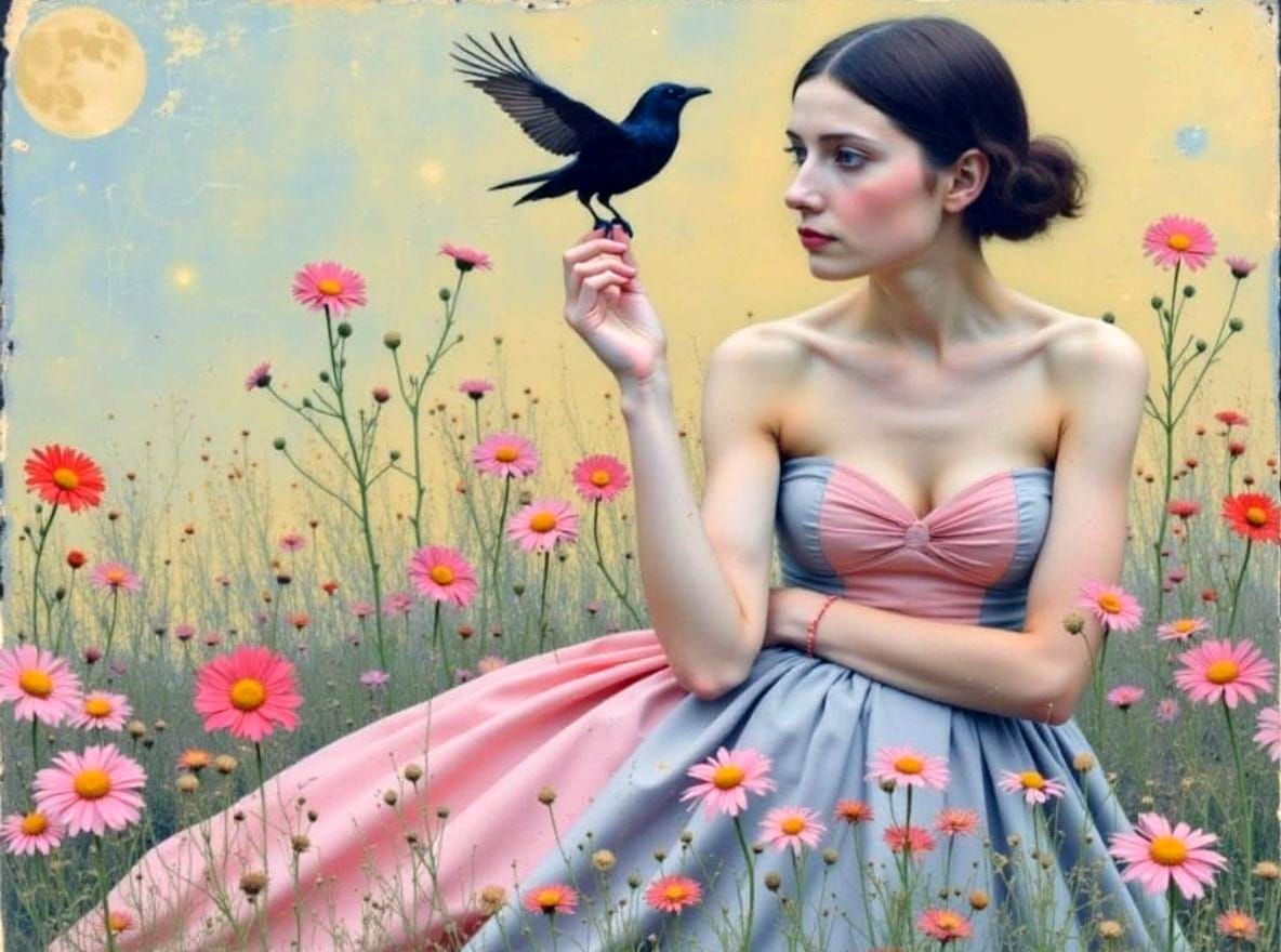 Woman with Floral Background in Klimt Art Nouveau Style