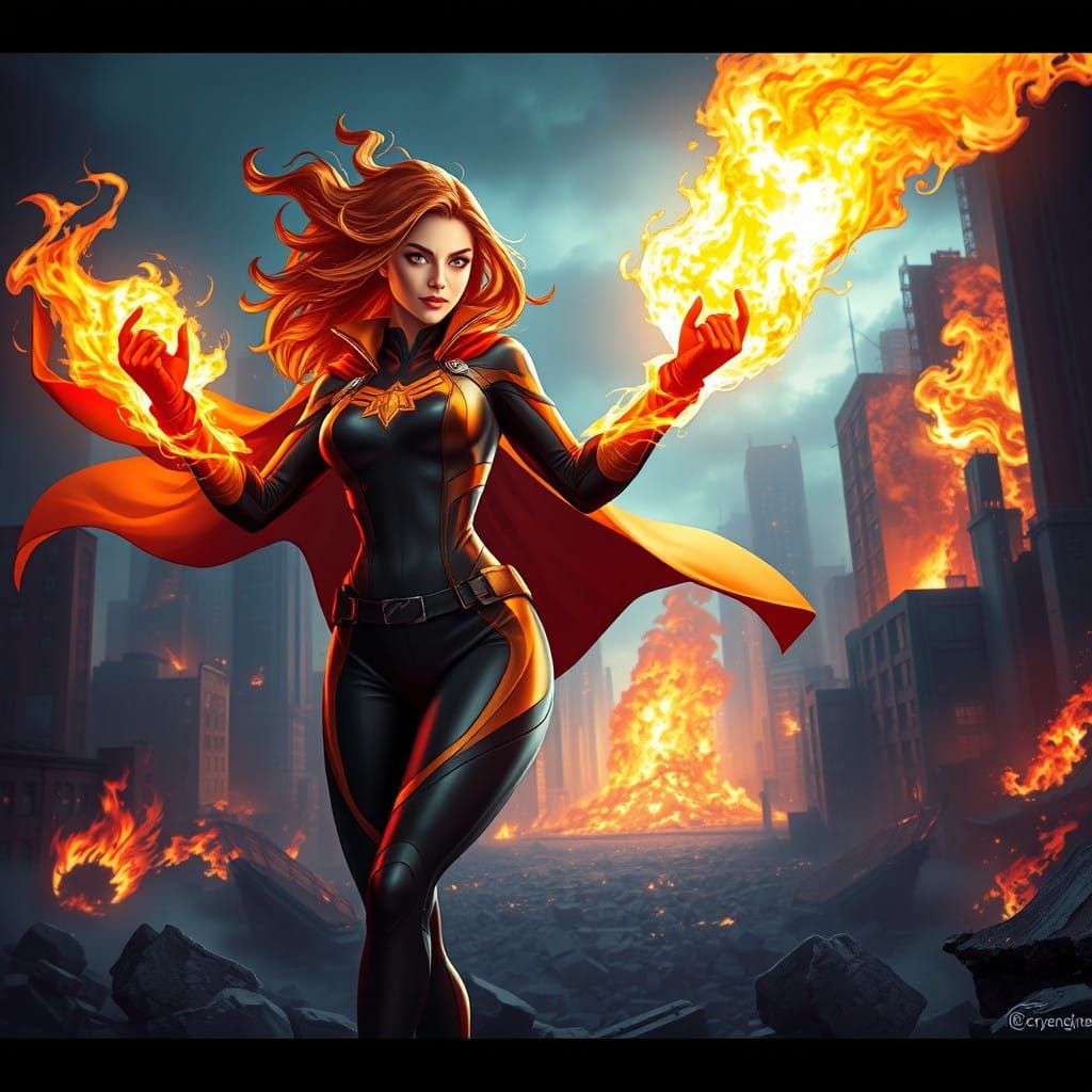 Heroic Fire-Wielding Superheroine in a Ravaged Cityscape