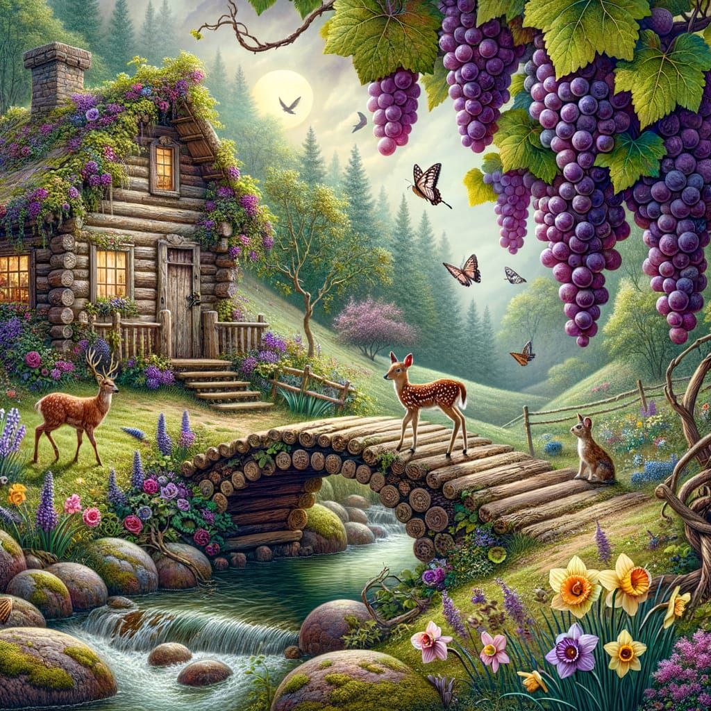 Rustic Shabby Chic Log Cabin Landscape with Grapes and Wildl...