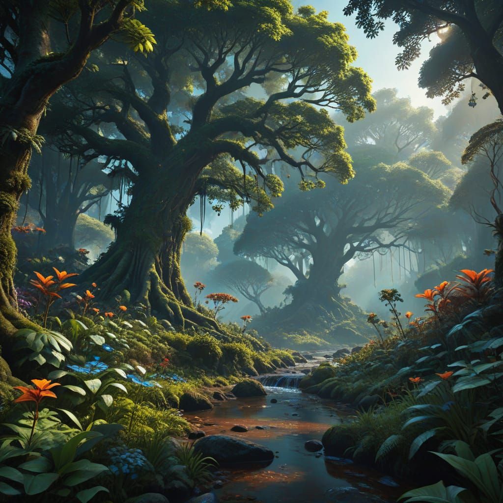 Lush Forest Teeming with Life in Matte Painting Style