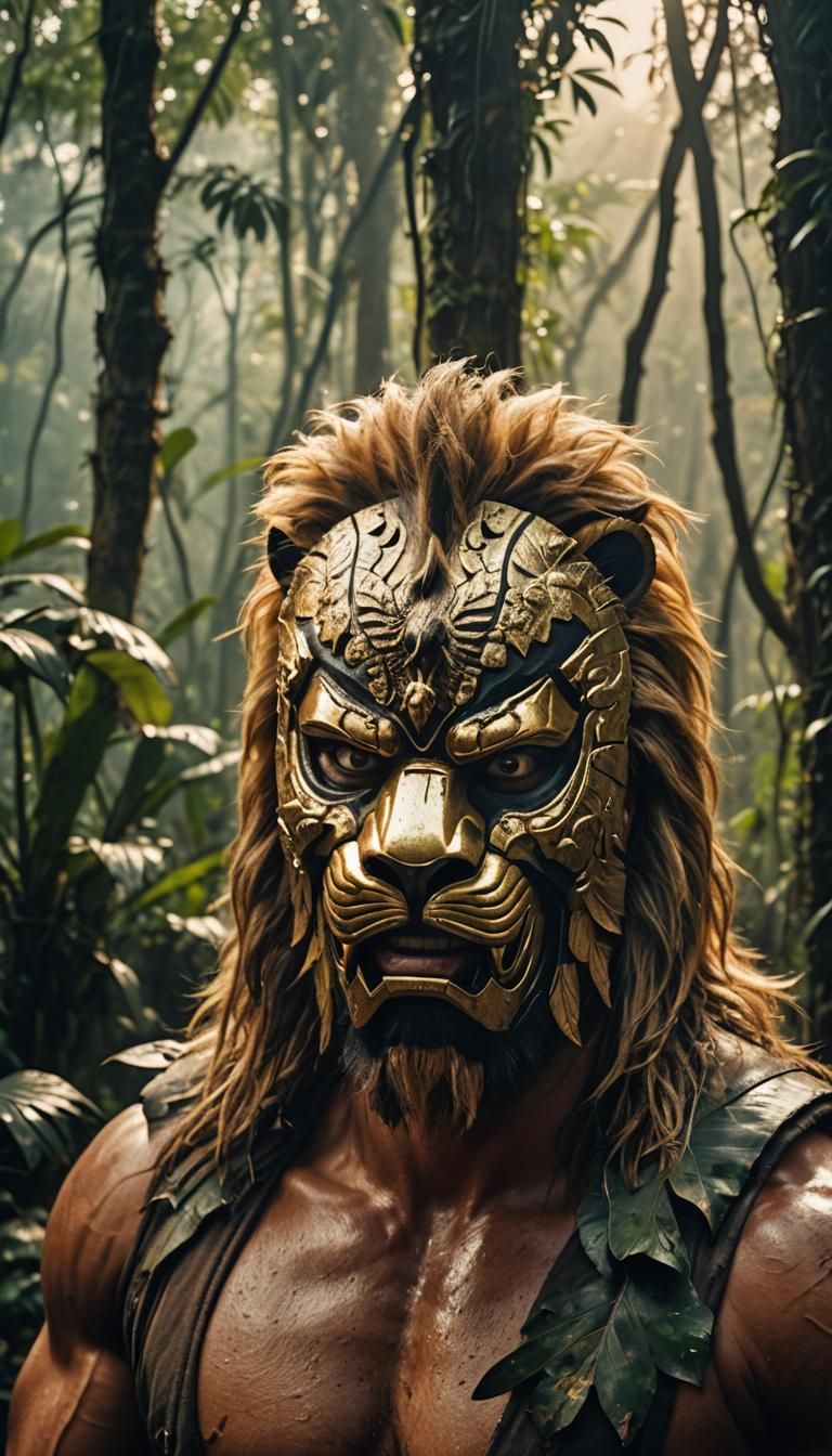 Lion Mask Bodybuilder in Ancient Jungle: Cinematic Still