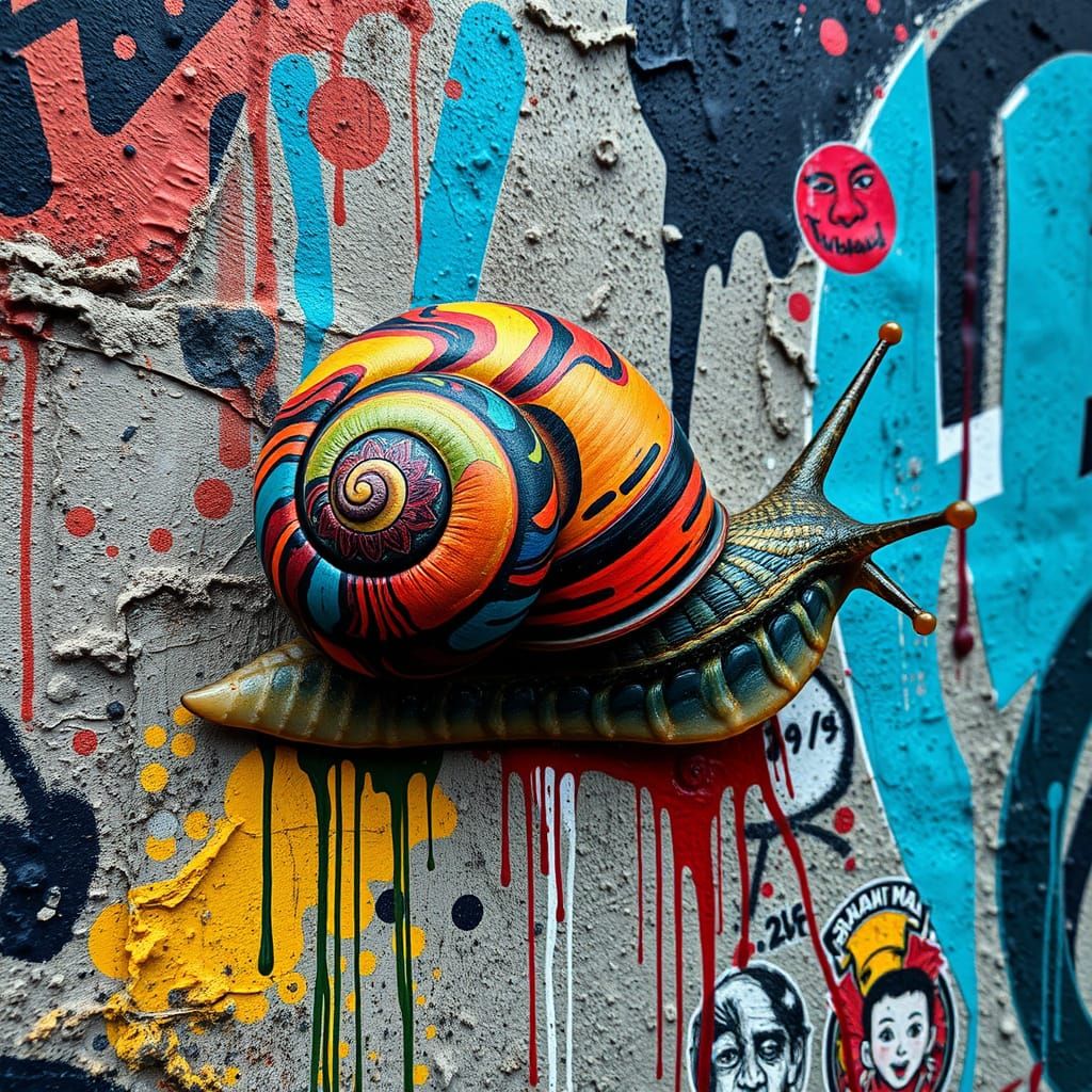 Vibrant Snail Amidst Urban Graffiti in Street Art Style