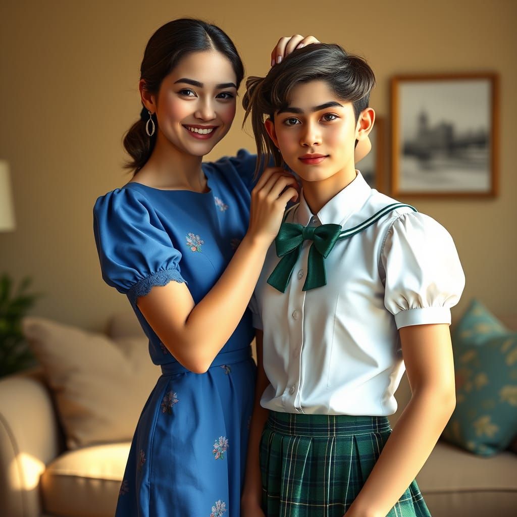 Elegant Crossdressing Portrait in Blue Dress and Schoolgirl ...