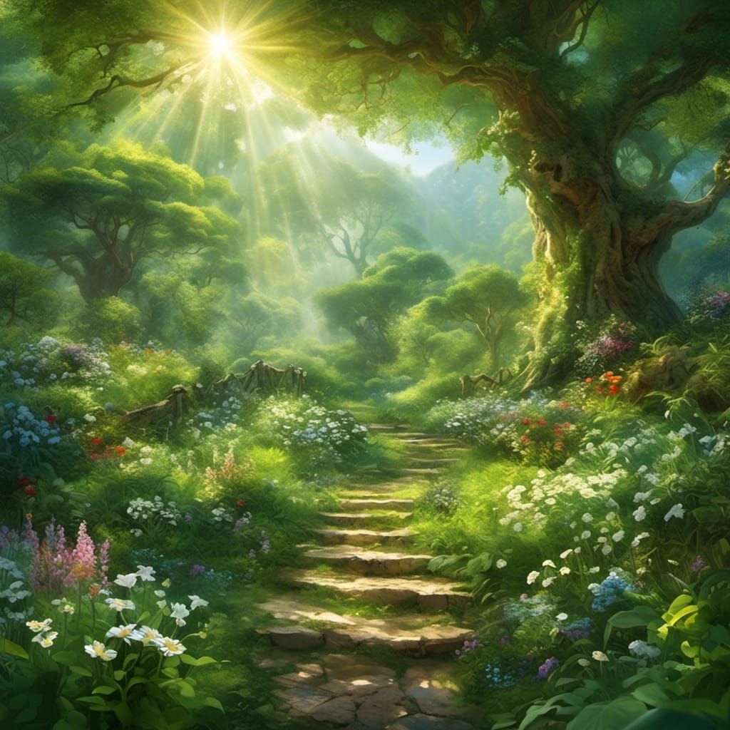 Lush Spring Garden Illustration in Green Splendor