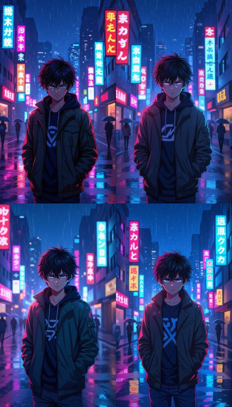 Anime Boy in Cyberpunk Cityscape at Night