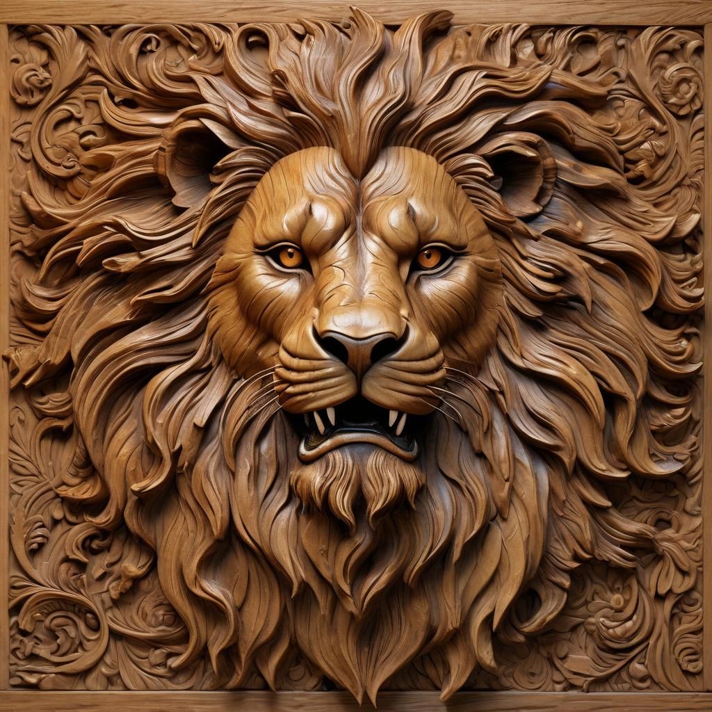 Majestic Lion Wood Carving in Hyperrealism