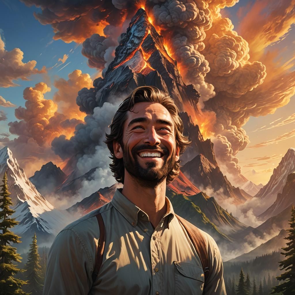 Man Enthralled by Fir Volcano: Hyper-Realistic Concept Art
